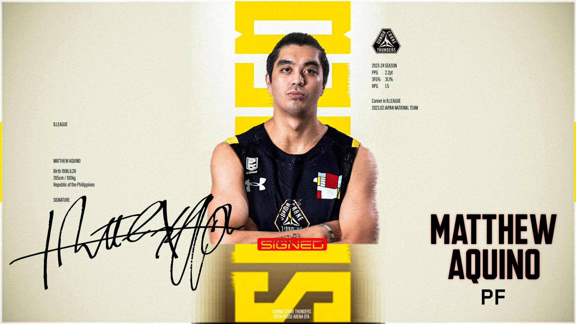 Matthew Aquino finds new B1 home with Gunma Crane Thunders